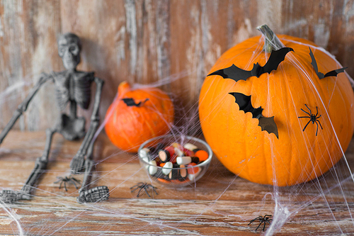halloween, decorations and holidays concept - pumpkins with bats, skeleton and candies on wooden background