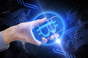 business, cryptocurrency and future technology concept - close up of female hand holding smartphone with virtual bitcoin symbol hologram over black background