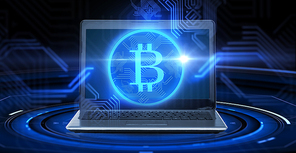 cryptocurrency, finance, business and future technology concept - laptop computer with bitcoin hologram over black background