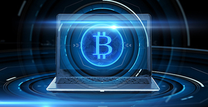 cryptocurrency, finance, business and future technology concept - laptop computer with bitcoin hologram over black background