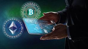 business, cryptocurrency and future technology concept - businessman with transparent tablet pc computer and virtual bitcoin and ethereum holograms over space background