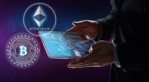 business, cryptocurrency and future technology concept - close up of businessman with transparent tablet pc computer and virtual bitcoin and ethereum holograms over ultra violet space background