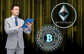 business, cryptocurrency and future technology concept - close up of businessman with transparent tablet pc computer and virtual bitcoin and ethereum hologram over binary code background