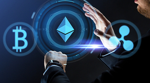 cryptocurrency, financial technology and business concept - close up of businessman with smart watch and virtual ethereum, bitcoin and ripple holograms over dark background