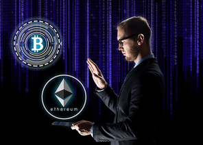 business, cryptocurrency and future technology concept - businessman with transparent tablet pc computer and virtual bitcoin and ethereum holograms over ultra violet binary code on black background