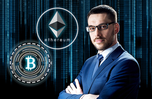 cryptocurrency, financial technology and business concept - businessman with ethereum and bitcoin holograms over binary code background