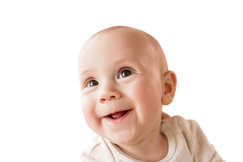 childhood, babyhood and people concept - close up of happy little baby boy face