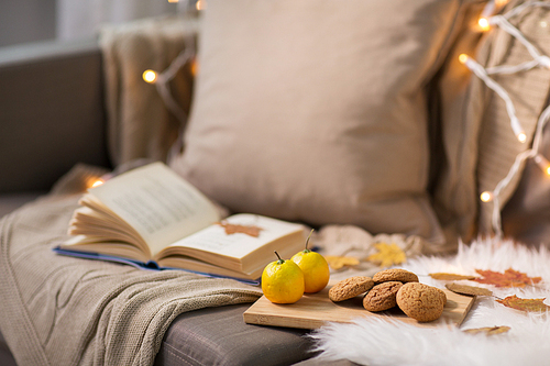 hygge and cozy home concept - lemons, book, almond nuts and oatmeal cookies on sofa