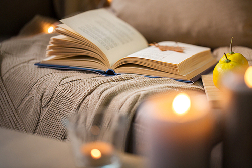 hygge and cozy home and literature concept - book with autumn leaf and blanket on sofa