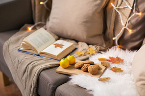 hygge and cozy home concept - lemons, book, almond nuts and oatmeal cookies on sofa