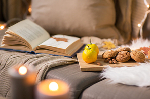 hygge and cozy home concept - lemons, book, almond nuts and oatmeal cookies on sofa