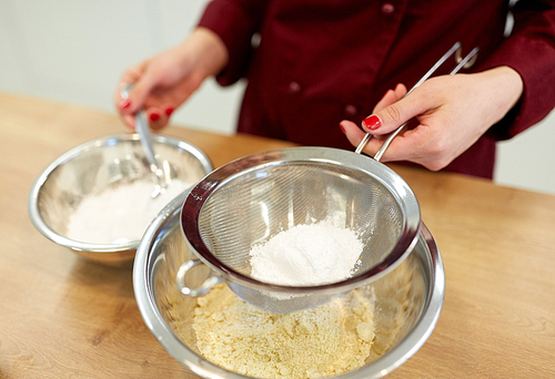 cooking food, baking and people concept - chef with strainer sieving flour into bowl and making batter or dough