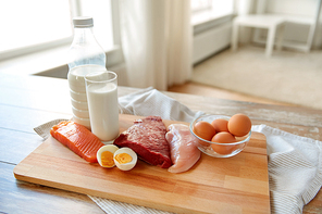 natural food, healthy eating and protein diet concept - raw meat fillet, fish, milk and eggs on wooden table