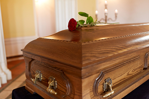 funeral and mourning concept - red rose flower on wooden coffin in church