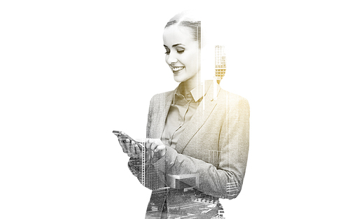 business, technology and people concept - young smiling businesswoman with smartphone texting over city and double exposure effect