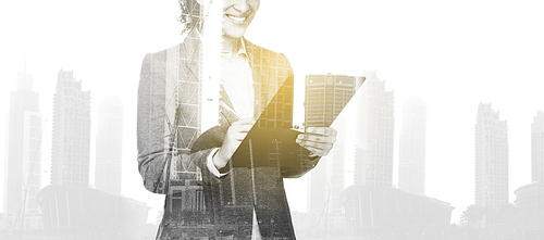 business and people concept - smiling businesswoman with clipboard over city buildings and double exposure effect