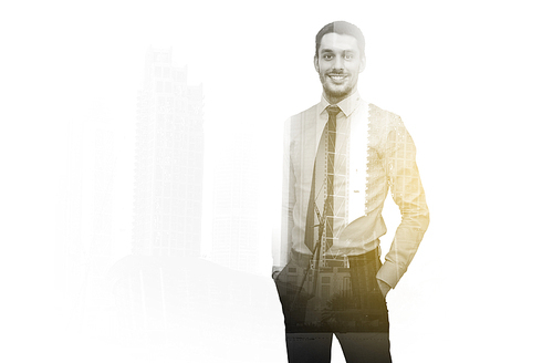 business, people and office concept - happy smiling businessman over city and double exposure effect