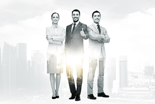 business, gesture and people concept - group of smiling businessmen showing thumbs up over city buildings and double exposure effect