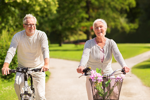 active old age, people and lifestyle concept - happy senior couple riding bicycles at summer park