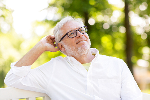 old age and people concept - happy senior man in glasses sitting at summer park