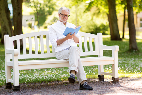 old age, retirement and people concept - happy senior man reading book sitting on bench at summer park
