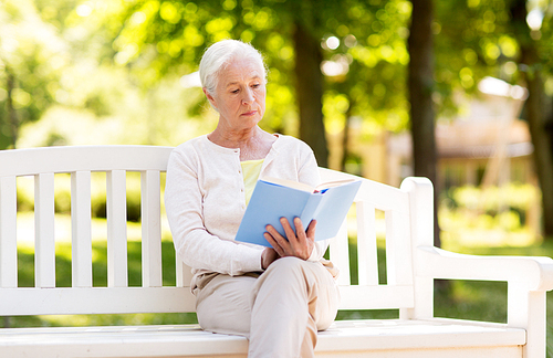 old age, retirement and people concept - senior woman reading book sitting on bench at summer park