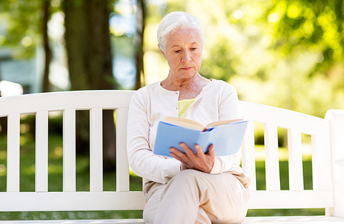 old age, retirement and people concept - senior woman reading book sitting on bench at summer park