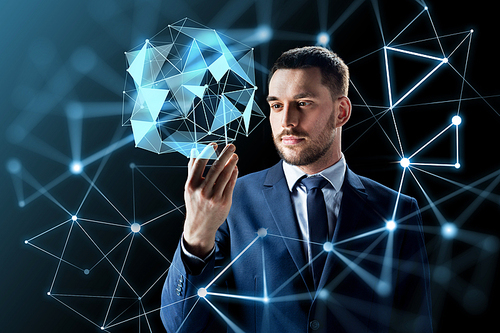 business, augmented reality and future technology concept - businessman working with transparent smartphone and virtual low poly shape projection over black background