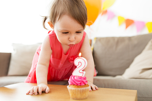 childhood, people and celebration concept - happy baby girl blowing to candle on cupcake on birthday party at home