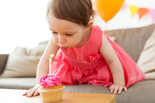 childhood, people and celebration concept - happy baby girl blowing to candle on cupcake on birthday party at home