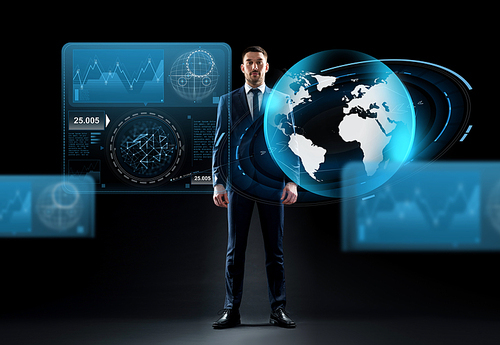 business, people and technology concept - businessman in suit with earth globe hologram over black background