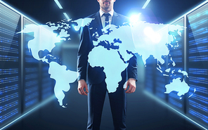business, people and technology concept - businessman with virtual world map projection over server room background
