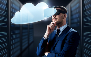 business, people and technology concept - businessman in virtual reality headset with cloud computing icon over futuristic server room background