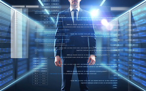 business, people and technology concept - businessman in suit with coding on virtual screen over server room background