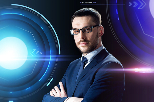business, people and technology concept - businessman in glasses over black background with holograms