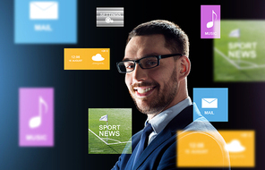 business, people and technology concept - smiling businessman in glasses over black background with virtual applications