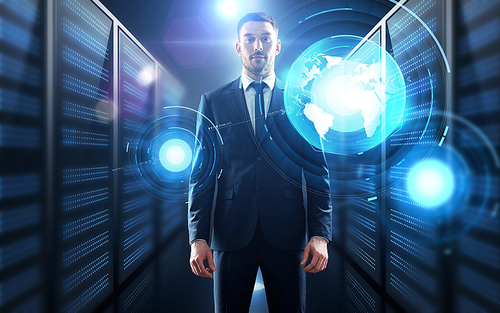 business, people and technology concept - businessman with virtual world map projection over server room background