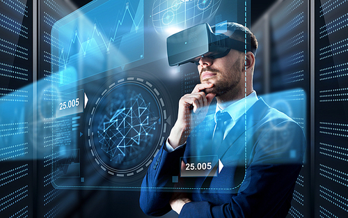 business, people and technology concept - businessman in virtual reality headset with charts on screen projection over futuristic server room background