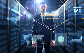 business, people and technology concept - businessman in suit with charts on virtual screen over server room background