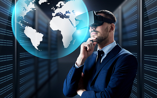 business, people and technology concept - businessman in virtual reality headset with earth globe projection over futuristic server room background