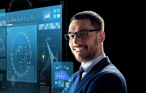 business, people and technology concept - smiling businessman in glasses over black background with virtual screens