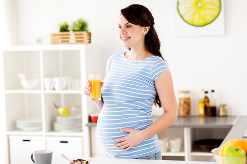 pregnancy, people and healthy eating concept - happy pregnant woman with glass of orange juice and muesli having breakfast at home kitchen