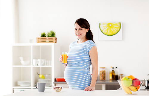 pregnancy, people and healthy eating concept - happy pregnant woman with glass of orange juice and muesli having breakfast at home kitchen