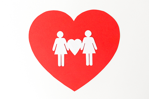 gay pride, homosexual, valentines day and lgbt concept - female couple white paper pictogram on red heart