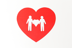 gay pride, homosexual, valentines day and lgbt concept - male couple white paper pictogram on red heart
