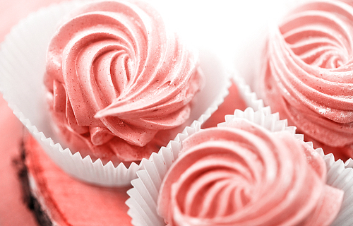 sweet food concept - close up of zephyr marshmallow dessert in trendy color of the year 2019 living coral