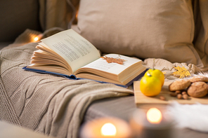 hygge and cozy home concept - book with autumn leaf, lemons and oatmeal cookies on sofa