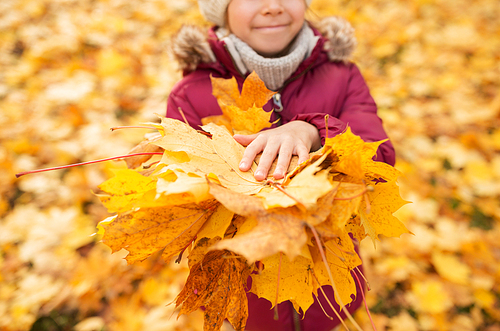 childhood, season and people concept - close up of girl with heap of maple leaves at autumn park