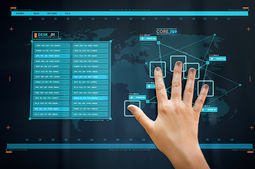 future technology and identification concept - hand scanning on interactive panel touch screen for data access