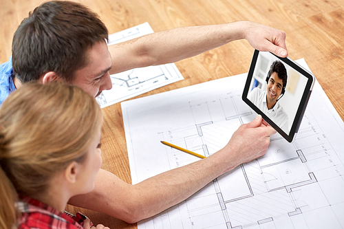 repair, building and technology concept - close up of couple with blueprint having video call with architect, designer or customer service operator on tablet pc computer at home